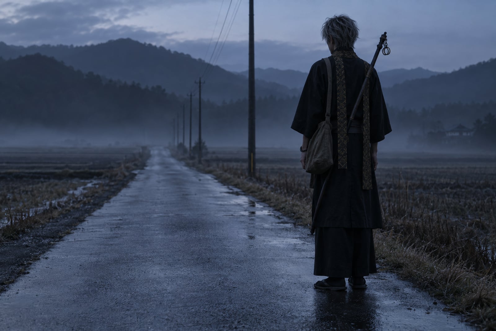 夜明け前の田舎道に、黒い衣の若い男が背を向けて立っている
