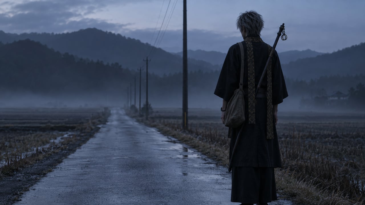夜明け前の田舎道に背を向けて立つ、黒い衣の若い男